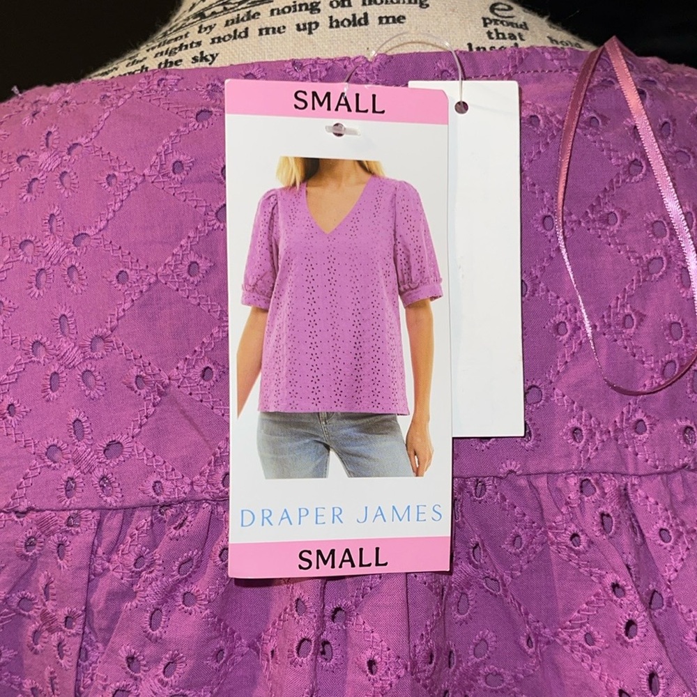2piece Tan Ankle Cropped Pants and Draper James Boxy Purple Puff Sleeve Blouse - Picture 6 of 7